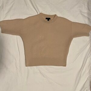 Ann Taylor Short Sleeve Crew Neck Sweater Size L Tan Hits at Waist